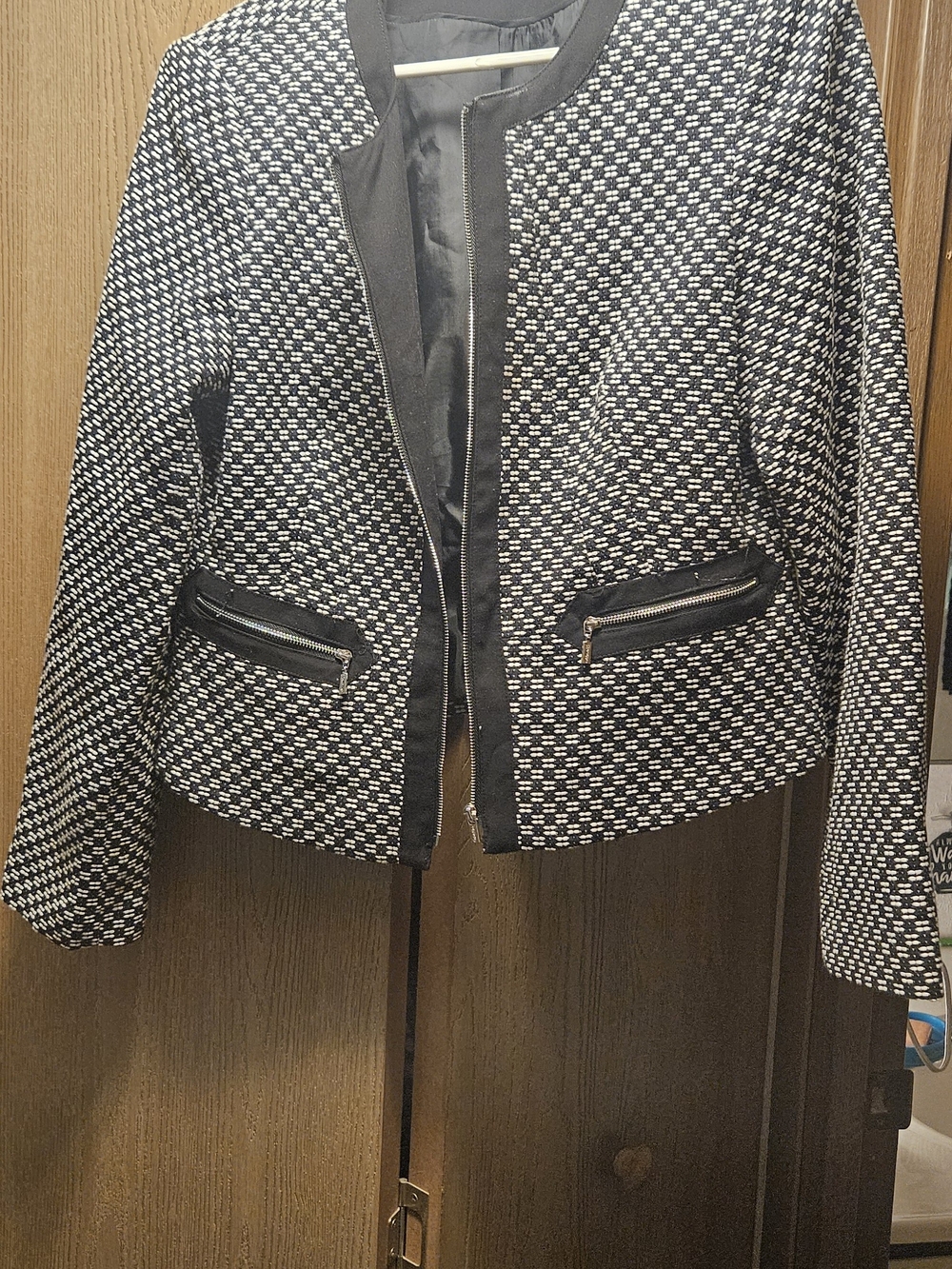 Calvin Klein Black & White Tweed Zip-Front Blazer